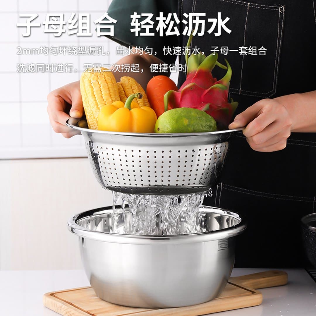 Rổ Inox Rửa Rau Củ Quả Cao Cấp - Chậu Vo Gạo Hai Tai Bằng Thép Không Gỉ Dày Dặn Tiện Lợi — 3
