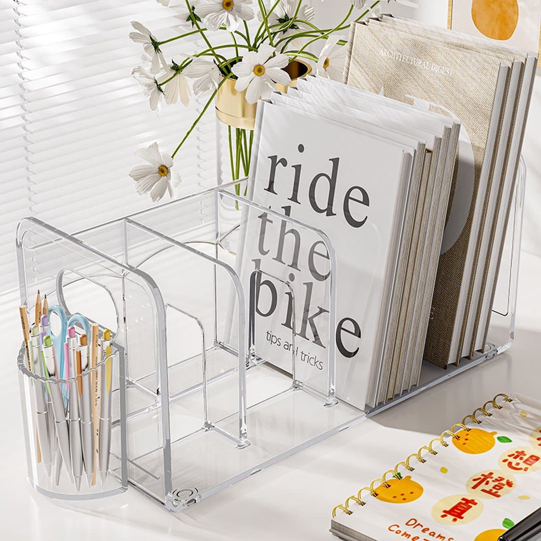 Giá Sách Để Bàn Acrylic Trong Suốt Cao Cấp, Kệ Đựng Tài Liệu & Hộp Đựng Bút Văn Phòng Đa Năng